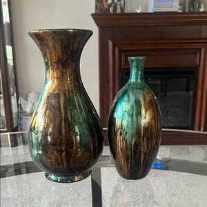 Two Artisan Green and Brown Drip-Glaze Ceramic Vase (Brand Unspecified)